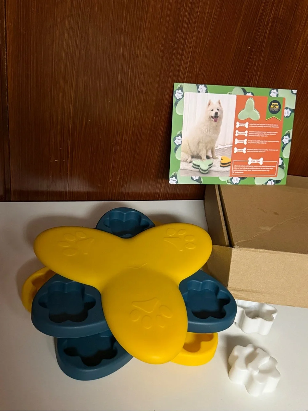 Interactive Yellow and Teal Dog Puzzle Feeder Toy